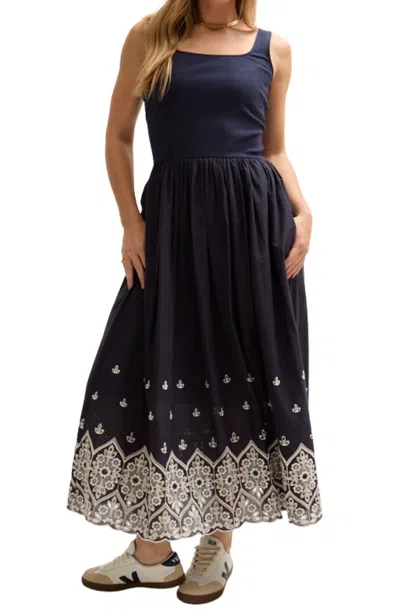 Lily And Lionel London Women's Cora Sleeveless Jersey Bodice Embroidered Midi Dress In Blue