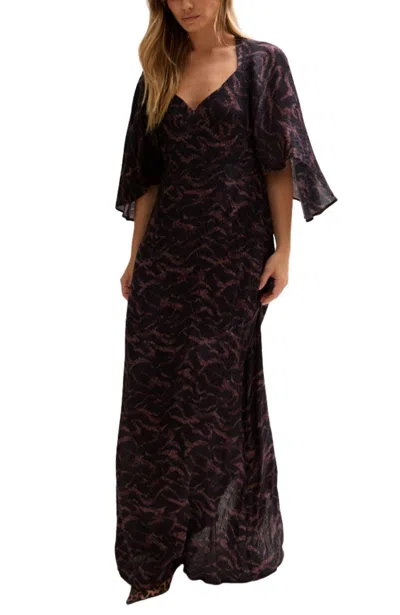 Lily And Lionel London Women's Lydia Angel Sleeve Midnight Tiger Print Maxi Dress In Brown