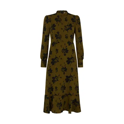 Lily And Lionel Women's Green Scarlett High Neck Floral Print Midi Dress In Khaki
