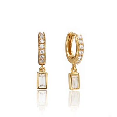 Lily & Roo Gold Diamond Style Baguette Drop Huggie Hoop Earrings
