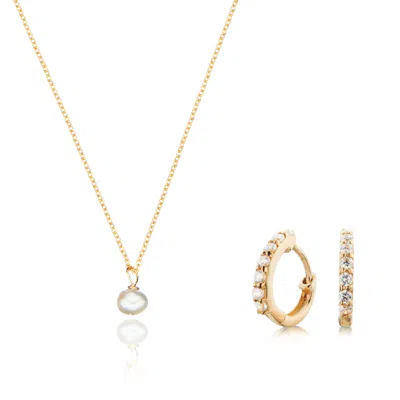 Lily & Roo Gold Diamond Style Huggies And Single Pearl Necklace Gift Set