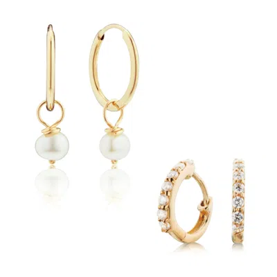 Lily & Roo Gold Diamond Style Huggies And Small Pearl Drop Hoop Earrings Gift Set