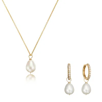 Lily & Roo Gold Diamond Style Large Pearl Hoops And Large Pearl Necklace Gift Set