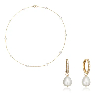 Lily & Roo Gold Diamond Style Large Pearl Hoops And Ten Pearl Choker Gift Set