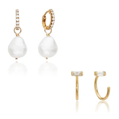 Lily & Roo Gold Pearl Drop Huggies And Diamond Style Lobe Earrings Gift Set