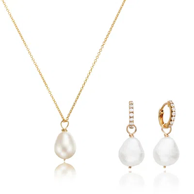 Lily & Roo Gold Pearl Drop Huggies And Large Pearl Necklace Gift Set