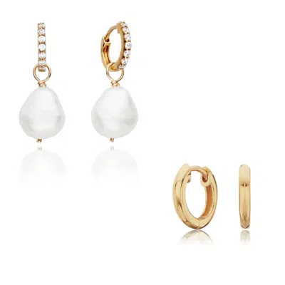 Lily & Roo Gold Pearl Drop Huggies And Plain Huggies Earrings Gift Set
