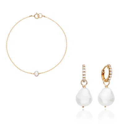 Lily & Roo Gold Pearl Drop Huggies And Single Pearl Bracelet Gift Set