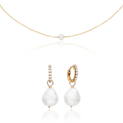 Lily & Roo Gold Pearl Drop Huggies And Single Pearl Choker Gift Set