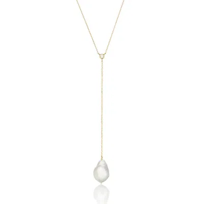 Lily & Roo Gold Single Diamond Style Baroque Pearl Lariat Necklace