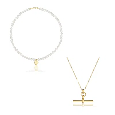 Lily & Roo Gold T-bar And Large Pearl Personalised Heart Necklace Gift Set In Grey