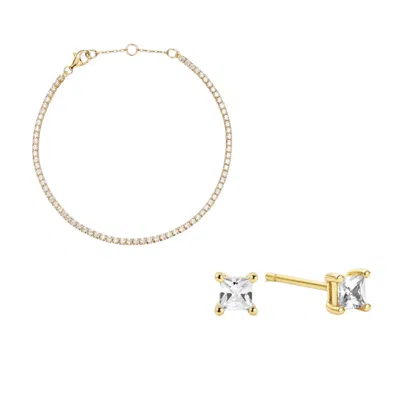Lily & Roo Gold Tennis Bracelet And Princess Diamond Style Stud Earrings Gift Set