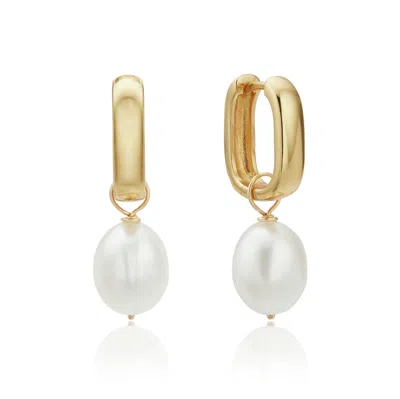 Lily & Roo Gold Thick Squared Hoop Pearl Drop Earrings In White