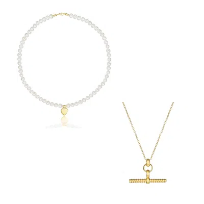 Lily & Roo Gold Twisted T-bar And Large Pearl Personalised Heart Necklace Gift Set