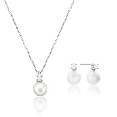 Lily & Roo Silver Diamond Style And Pearl Stud Earrings And Necklace Gift Set In Metallic