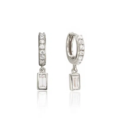 Lily & Roo Silver Diamond Style Baguette Drop Huggie Hoop Earrings In Metallic