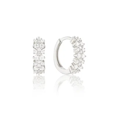 Lily & Roo Silver Diamond Style Double Cluster Huggie Hoop Earrings