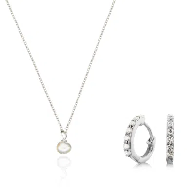 Lily & Roo Silver Diamond Style Huggies And Single Pearl Necklace Gift Set