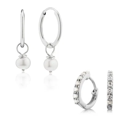 Lily & Roo Silver Diamond Style Huggies And Small Pearl Drop Hoop Earrings Gift Set