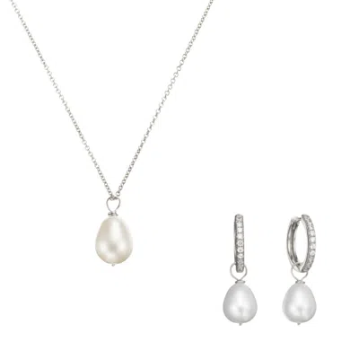 Lily & Roo Silver Diamond Style Large Pearl Hoops And Large Pearl Necklace Gift Set