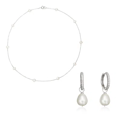 Lily & Roo Silver Diamond Style Large Pearl Hoops And Ten Pearl Choker Gift Set