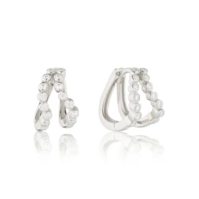 Lily & Roo Silver Double Diamond Style Wave Huggie Hoops Earrings