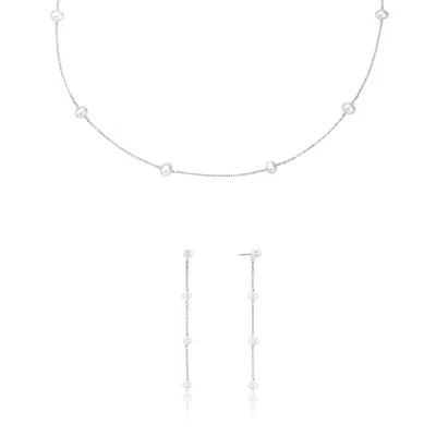 Lily & Roo Silver Four Pearl Drop Earrings And Ten Pearl Choker Gift Set