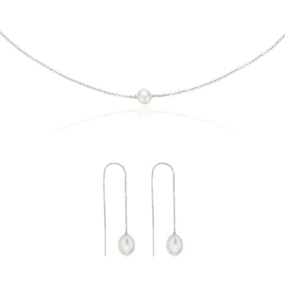 Lily & Roo Silver Large Pearl Drop Ear Threaders And Single Pearl Choker Gift Set