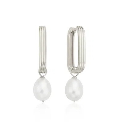 Lily & Roo Silver Large Ribbed Pearl Drop Hoop Earrings In Multi