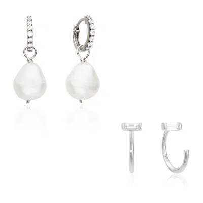 Lily & Roo Silver Pearl Drop Huggies And Diamond Style Lobe Earrings Gift Set