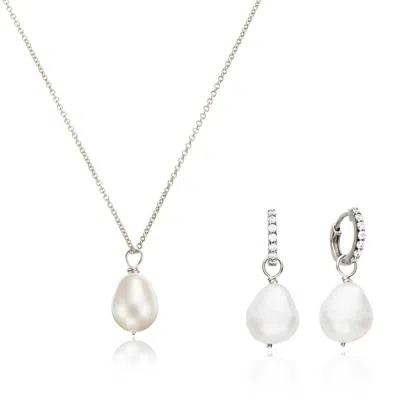 Lily & Roo Silver Pearl Drop Huggies And Large Pearl Necklace Gift Set
