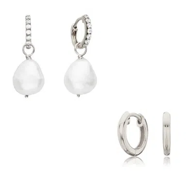 Lily & Roo Silver Pearl Drop Huggies And Plain Huggies Earrings Gift Set