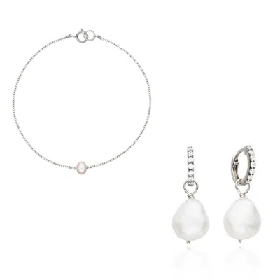 Lily & Roo Silver Pearl Drop Huggies And Single Pearl Bracelet Gift Set