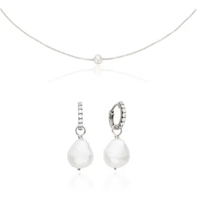Lily & Roo Silver Pearl Drop Huggies And Single Pearl Choker Gift Set