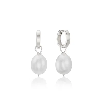Lily & Roo Silver Plain Huggie Pearl Drop Hoop Earrings In Gray