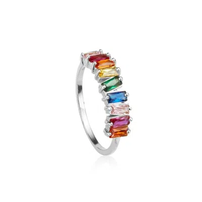 Lily & Roo Silver Rainbow Gemstone Cluster Ring In Multi