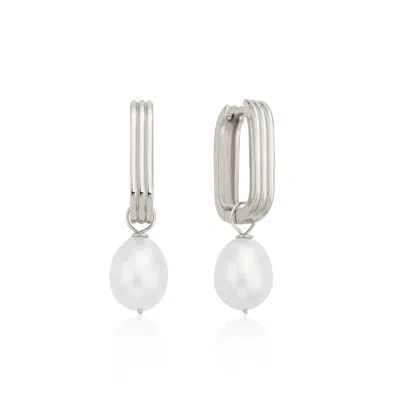 Lily & Roo Silver Ribbed Pearl Drop Hoop Earrings In Multi