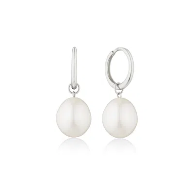 Lily & Roo Silver Round Pearl Drop Huggie Hoop Earrings