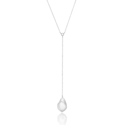 Lily & Roo Silver Single Diamond Style Baroque Pearl Lariat Necklace