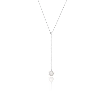 Lily & Roo Silver Single Diamond Style Pearl Lariat Necklace