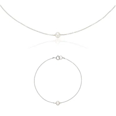 Lily & Roo Silver Single Pearl Choker And Bracelet Gift Set