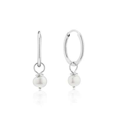 Lily & Roo Solid White Gold Small Pearl Drop Hoop Earrings In Silver