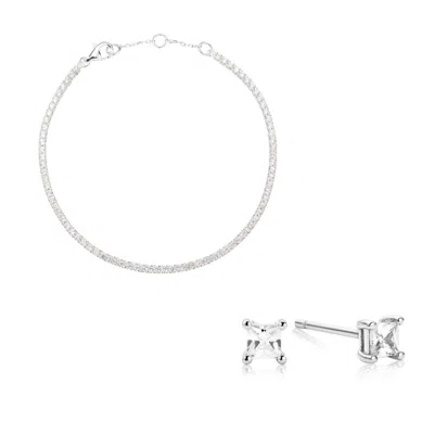 Lily & Roo Silver Tennis Bracelet And Princess Diamond Style Stud Earrings Gift Set