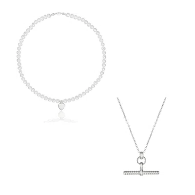 Lily & Roo Silver Twisted T-bar And Large Pearl Personalised Heart Necklace Gift Set In Metallic