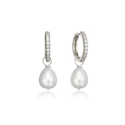 Lily & Roo Solid White Gold Genuine Diamond Style Large Pearl Drop Hoop Earrings In Silver