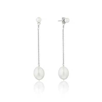 Lily & Roo Solid White Gold Large And Small Pearl Drop Stud Earrings In Silver