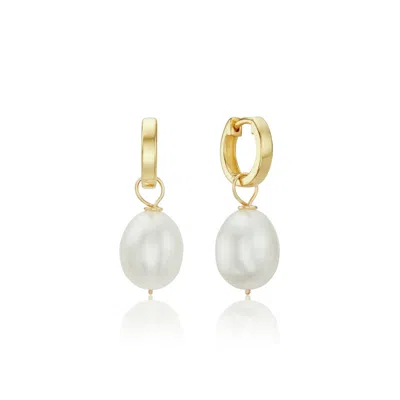 Lily & Roo Women's Gold Plain Huggie Pearl Drop Hoop Earrings