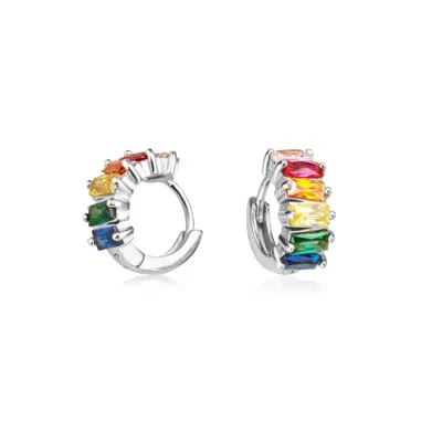 Lily & Roo Women's Silver Rainbow Gemstone Cluster Huggie Hoop Earrings