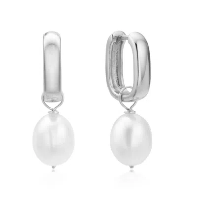 Lily & Roo Women's Silver Thick Squared Hoop Pearl Drop Earrings