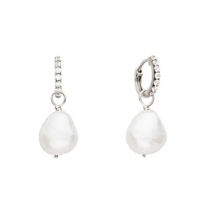 Lily & Roo Women's Silver White Gold Diamond Huggie Pearl Drop Earrings